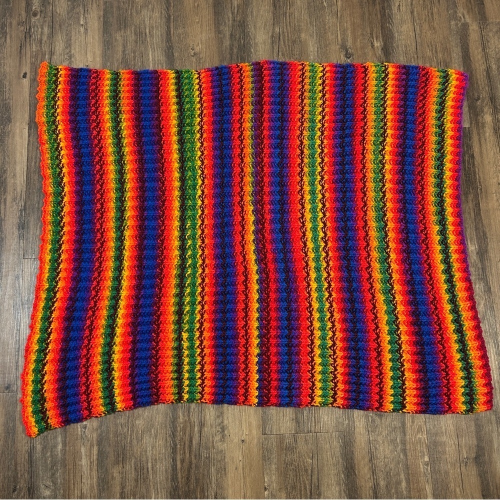Vintage Retro Rainbow Crochet Blanket Striped Boho Afghan Throw